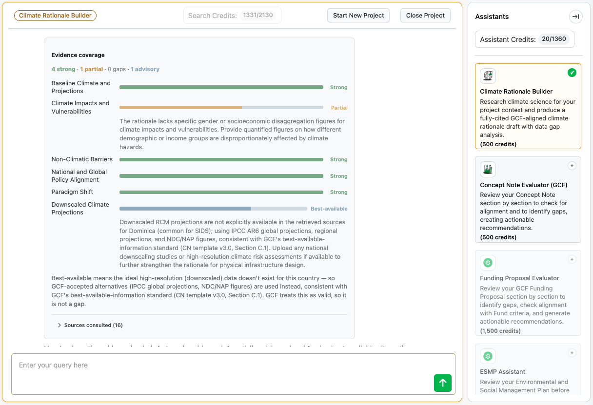 Climate Rationale Builder interface