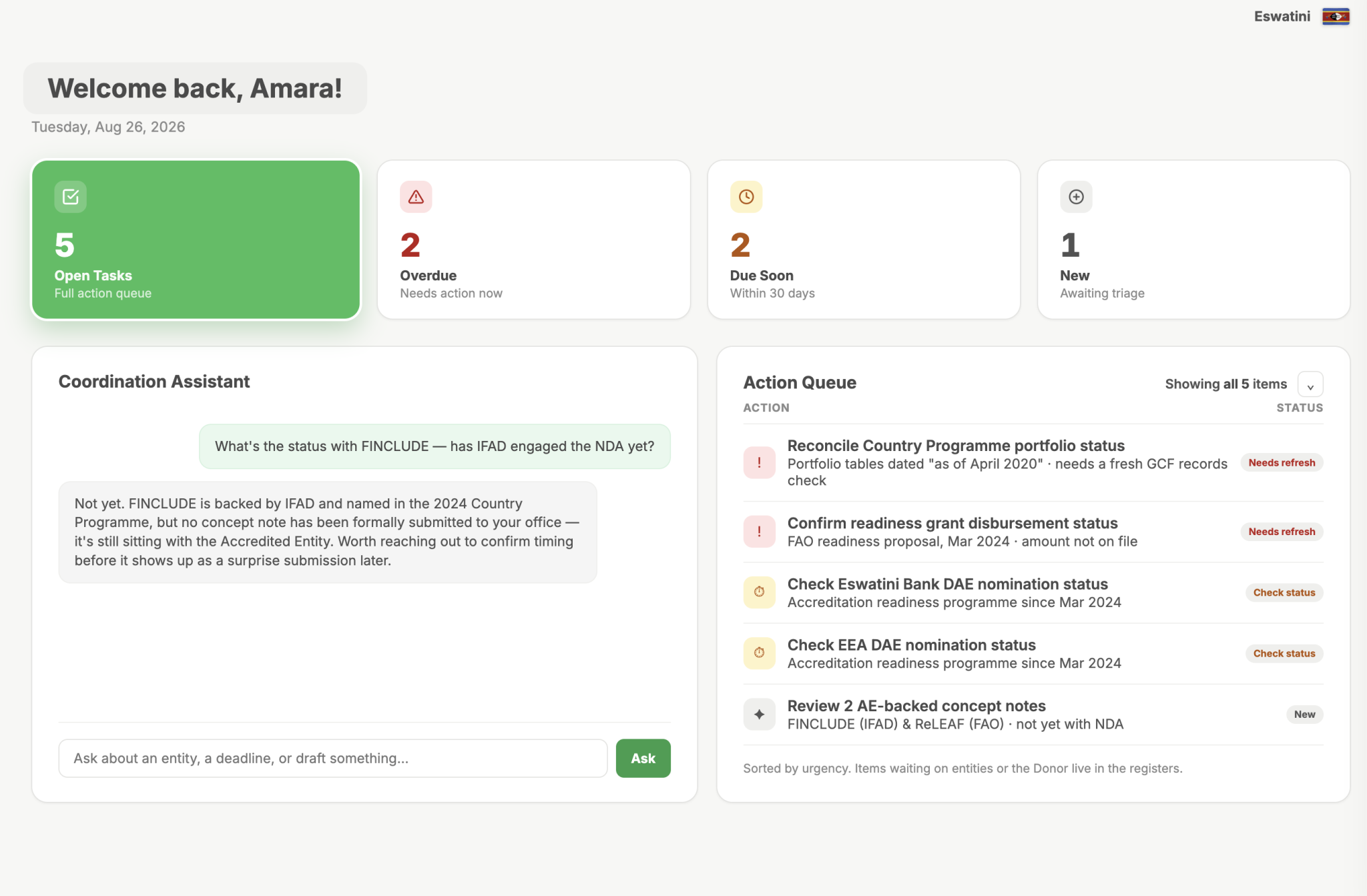 Pipeline Dashboard Step 1 — Home page action queue